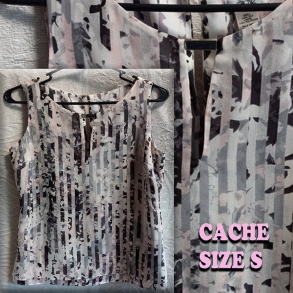 Silk Gray & Blush Abstract Tank Top W/Metal Link Design At Neck Size S (T-210) - Picture 1 of 10